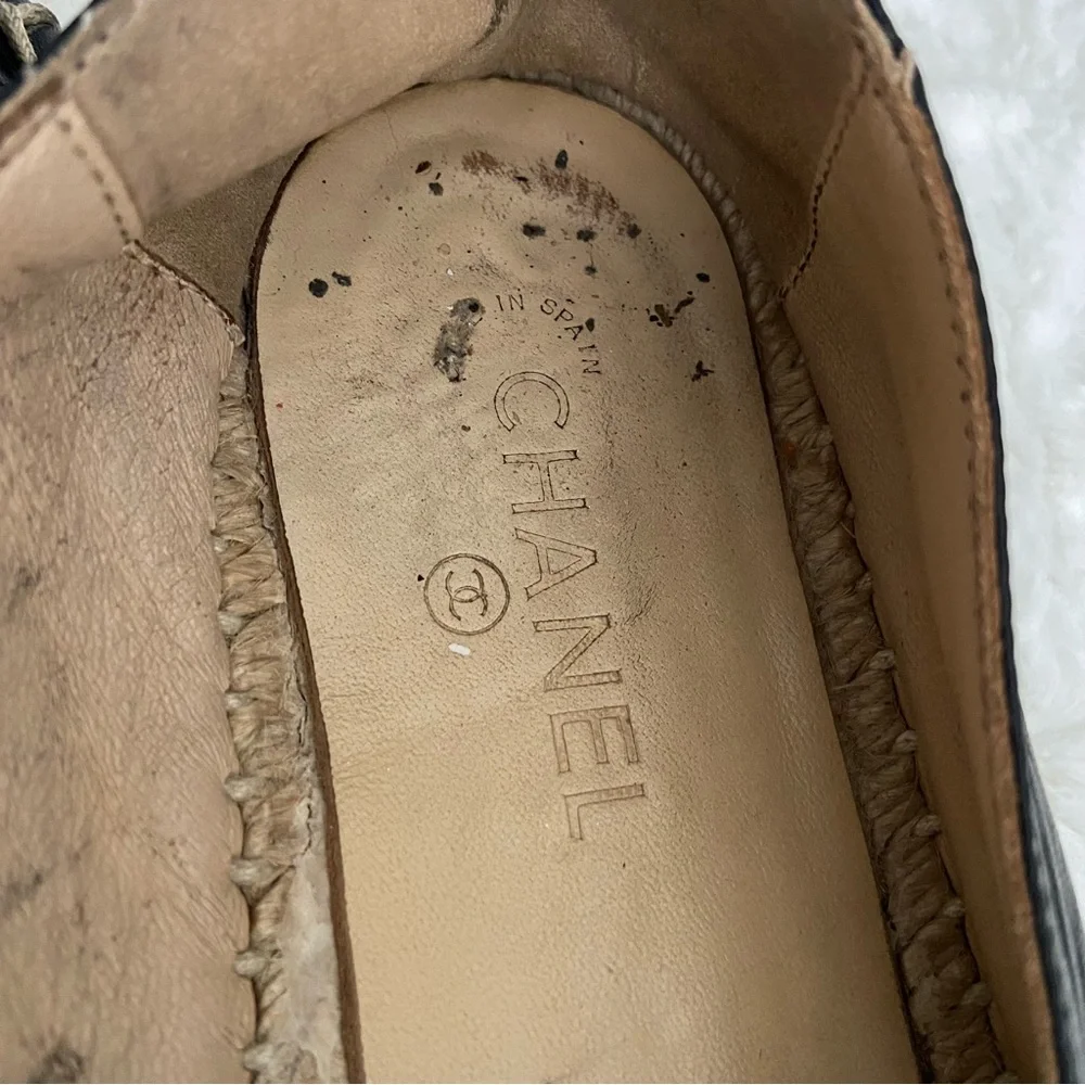 Chanel Black Lambskin Leather Espadrilles Flats Slip on CC Logo